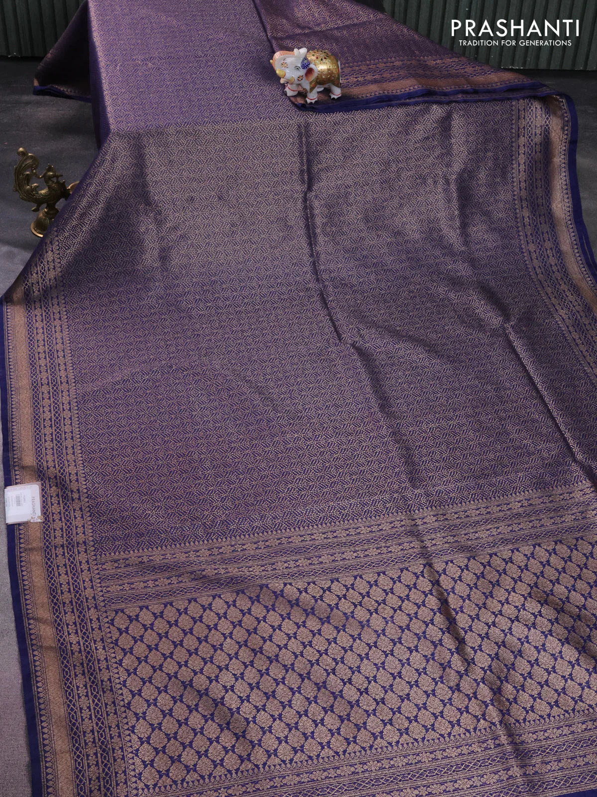 Banarasi semi silk saree blue with allover thread & zari weaves and woven border - Image 2