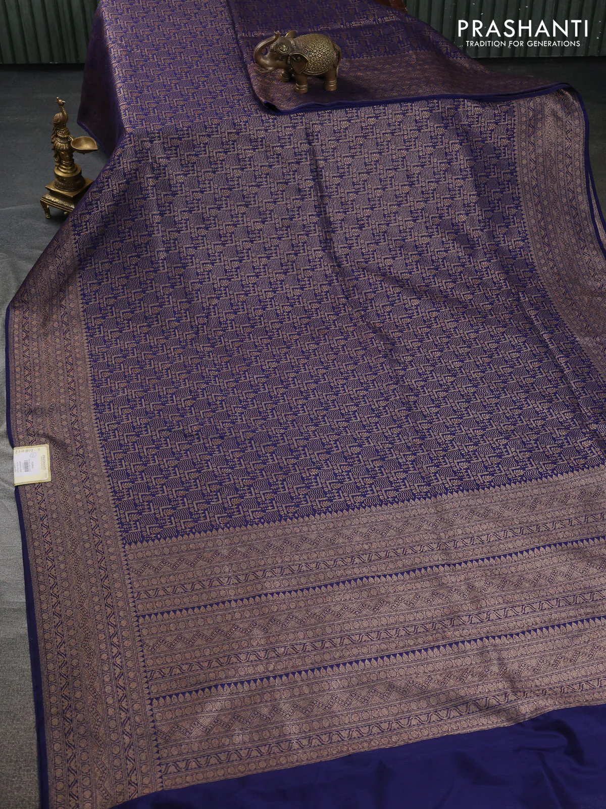 Banarasi semi silk saree blue with allover thread & zari weaves and woven border - Image 2