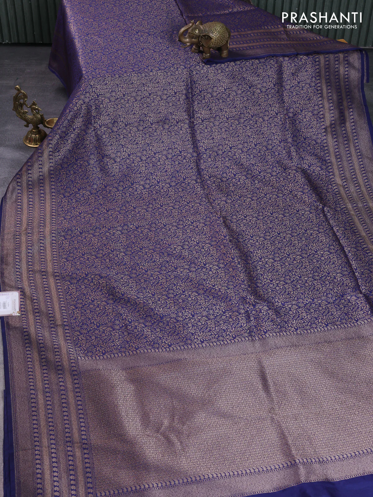 Banarasi semi silk saree blue with allover thread & zari weaves and woven border - Image 2