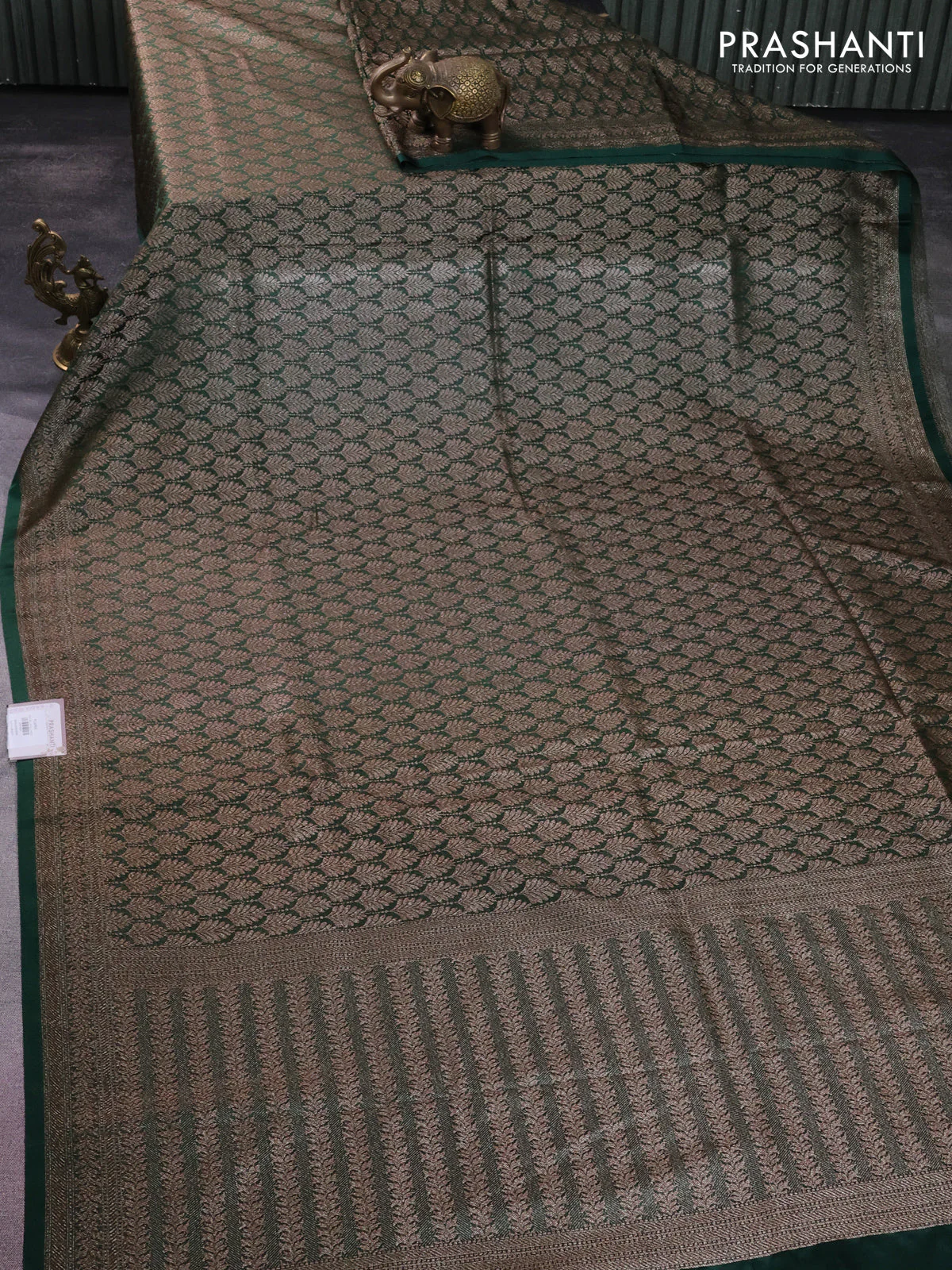 Banarasi semi silk saree bottle green with allover thread & zari weaves and woven border - Image 2