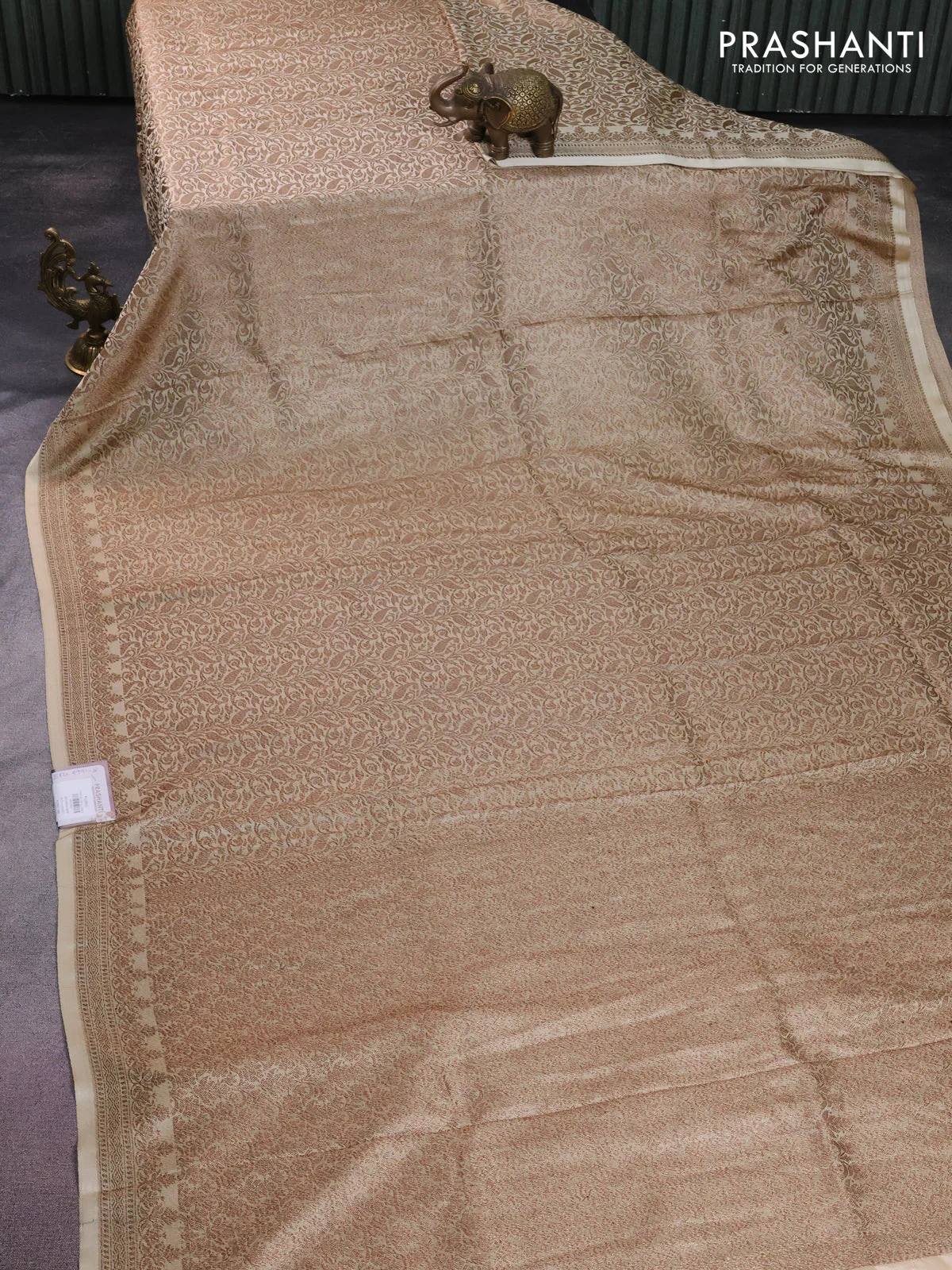 Banarasi semi silk saree cream with allover thread & zari weaves and woven border - Image 2
