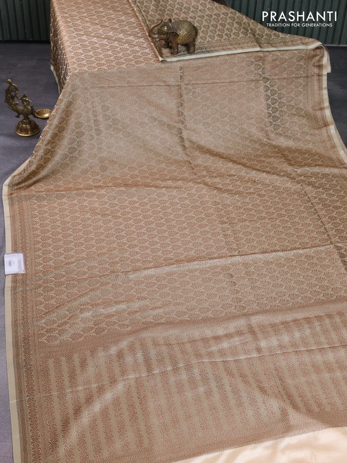 Banarasi semi silk saree cream with allover thread & zari weaves and woven border - Image 2