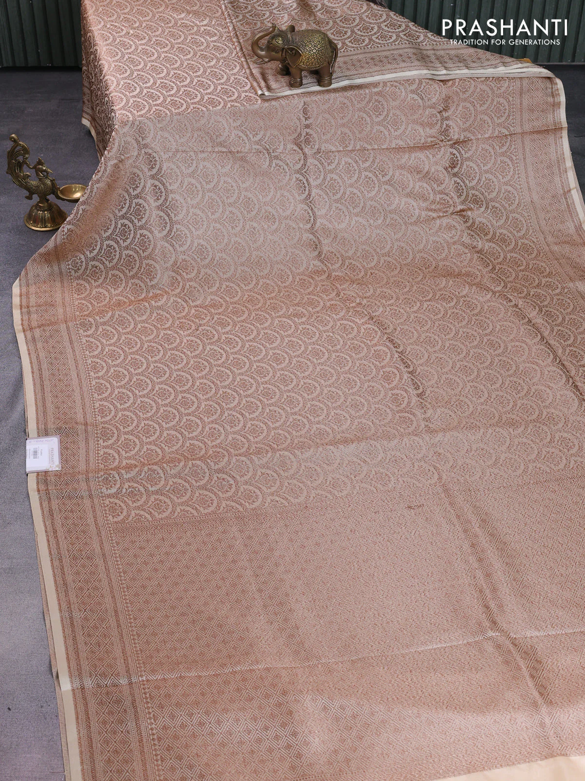Banarasi semi silk saree cream with allover thread & zari weaves and woven border - Image 2