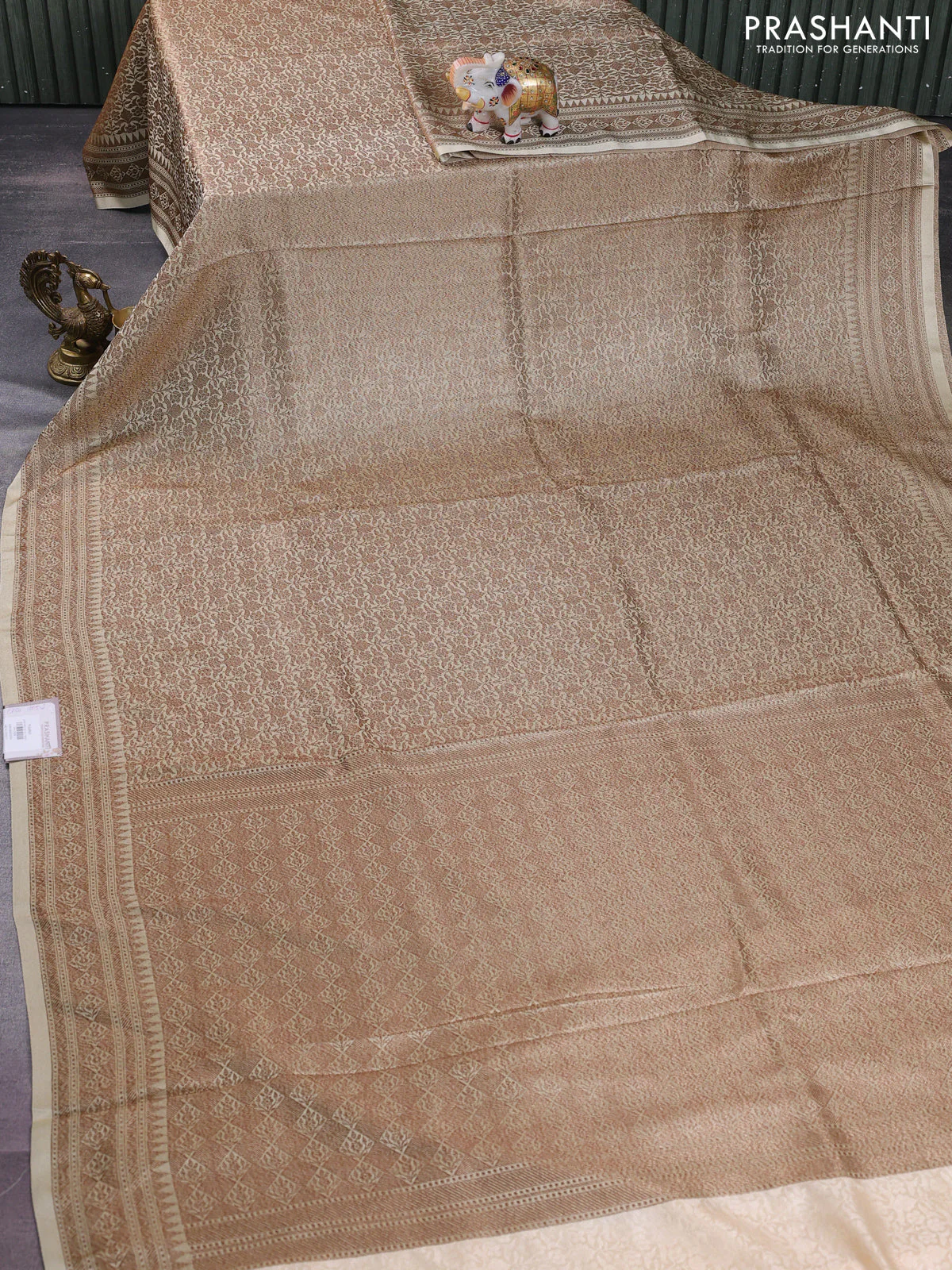 Banarasi semi silk saree cream with allover thread & zari weaves and woven border - Image 2