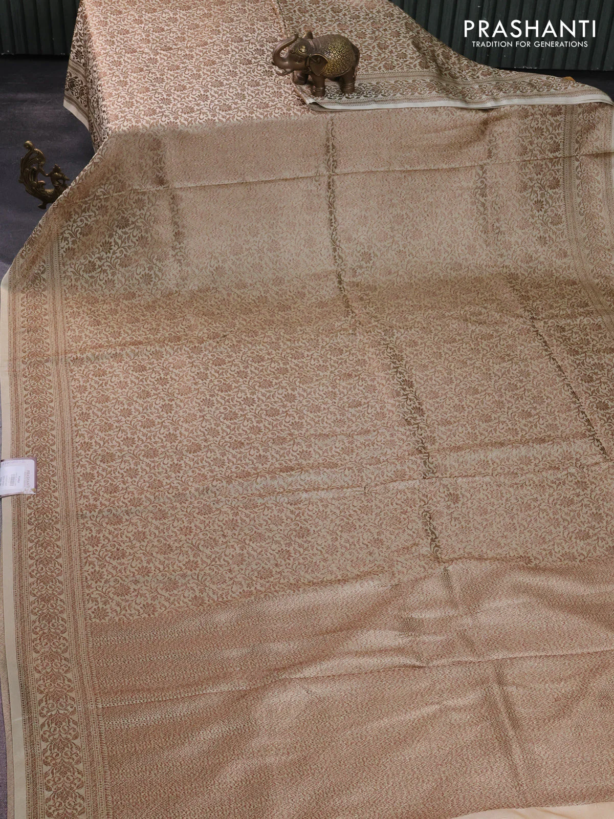 Banarasi semi silk saree cream with allover thread & zari woven butta weaves and woven border - Image 2