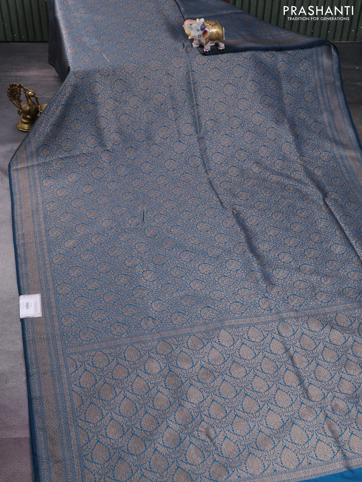 Banarasi semi silk saree cs blue with allover thread & zari weaves and woven border - Image 2