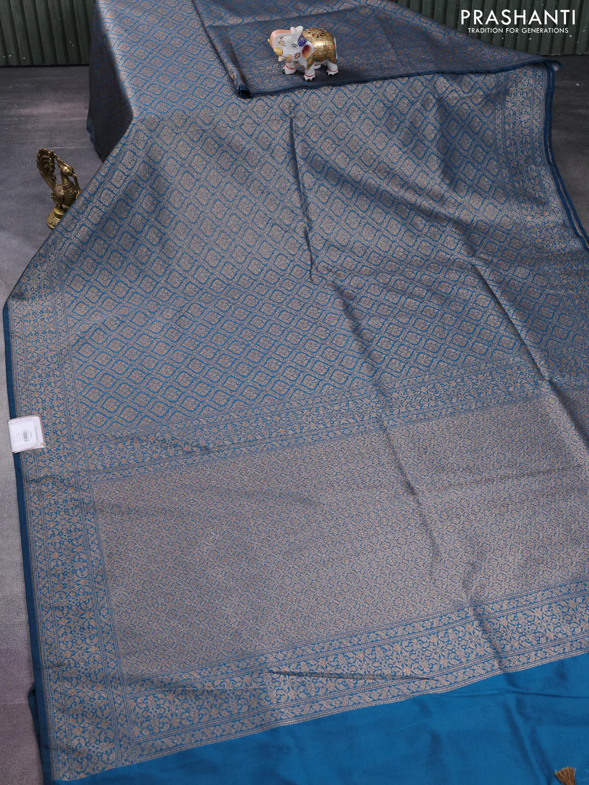 Banarasi semi silk saree cs blue with allover thread & zari weaves and woven border - Image 2
