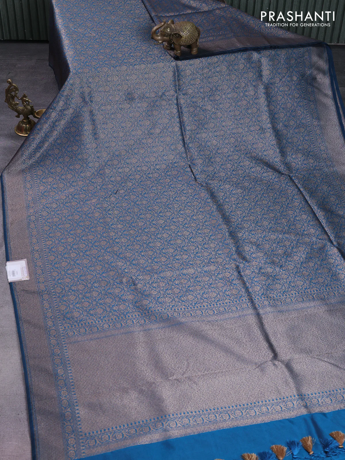 Banarasi semi silk saree cs blue with allover thread & zari weaves and woven border - Image 2