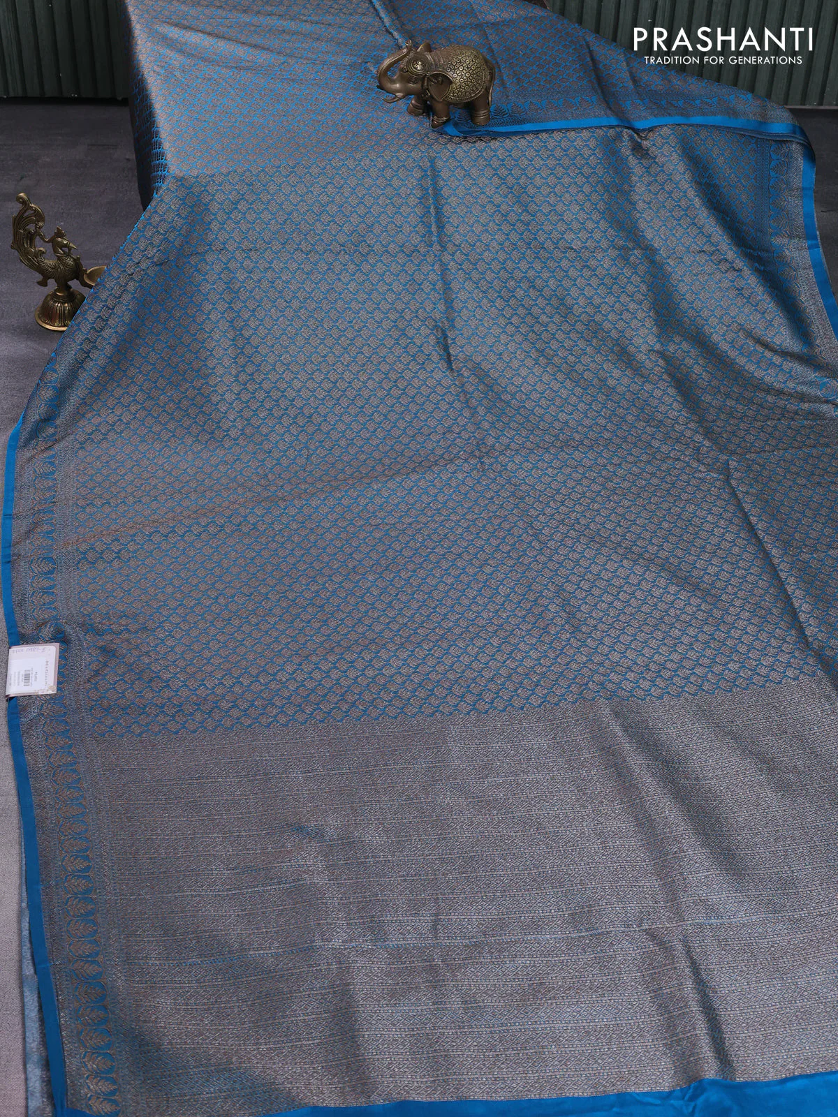 Banarasi semi silk saree cs blue with allover thread & zari weaves and woven border - Image 2