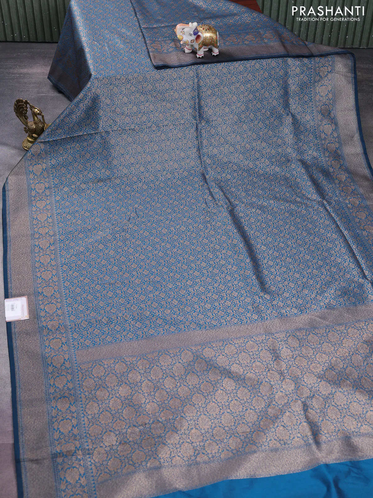 Banarasi semi silk saree cs blue with allover thread & zari weaves and woven border - Image 2