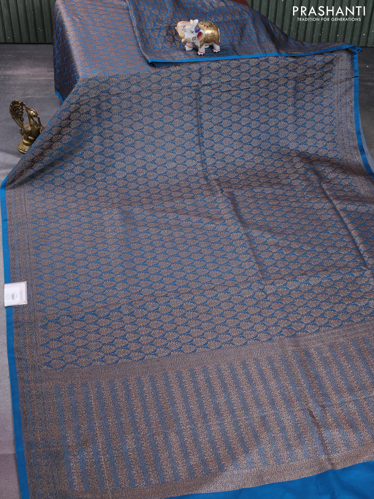 Banarasi semi silk saree cs blue with allover thread & zari weaves and woven border - Image 2