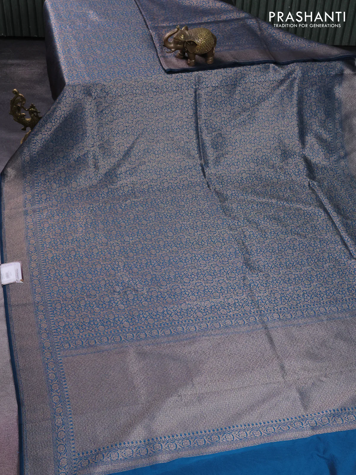 Banarasi semi silk saree cs blue with allover thread & zari weaves and woven border - Image 2