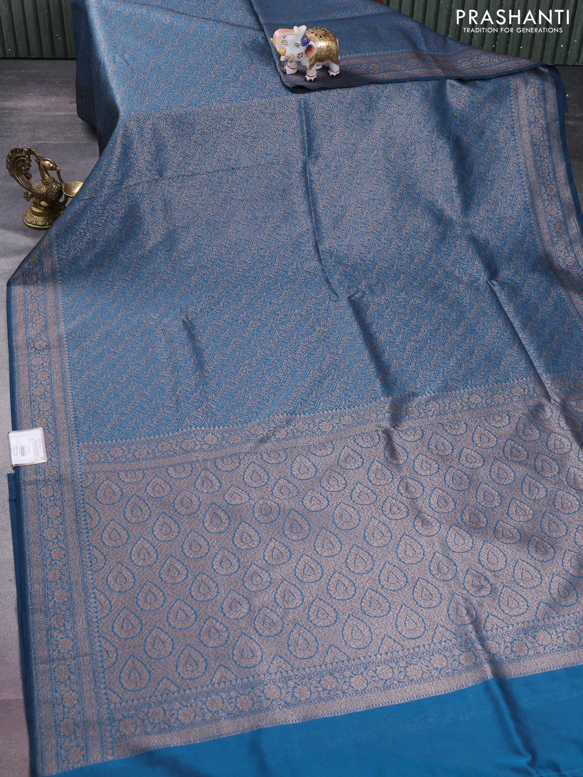 Banarasi semi silk saree cs blue with allover thread & zari weaves and woven border - Image 2