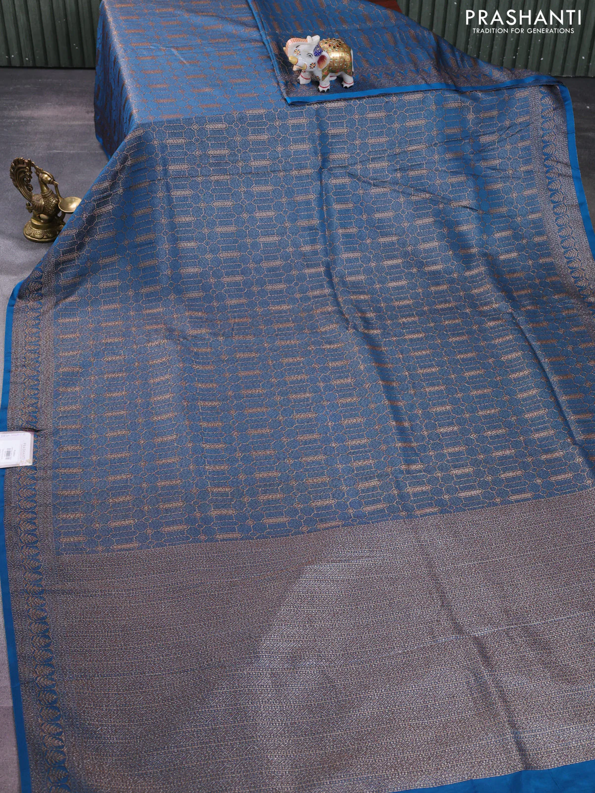 Banarasi semi silk saree cs blue with allover thread & zari weaves and woven border - Image 2