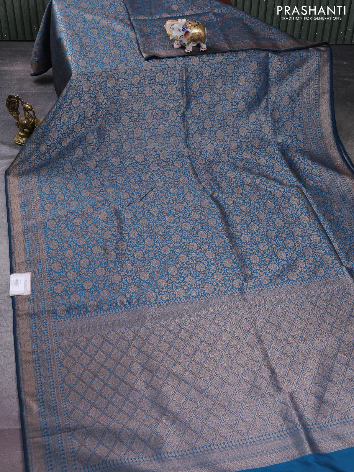 Banarasi semi silk saree cs blue with allover thread & zari weaves and woven border - Image 2