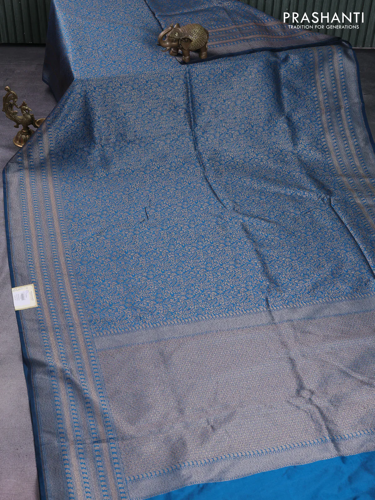 Banarasi semi silk saree cs blue with allover thread & zari weaves and woven border - Image 2