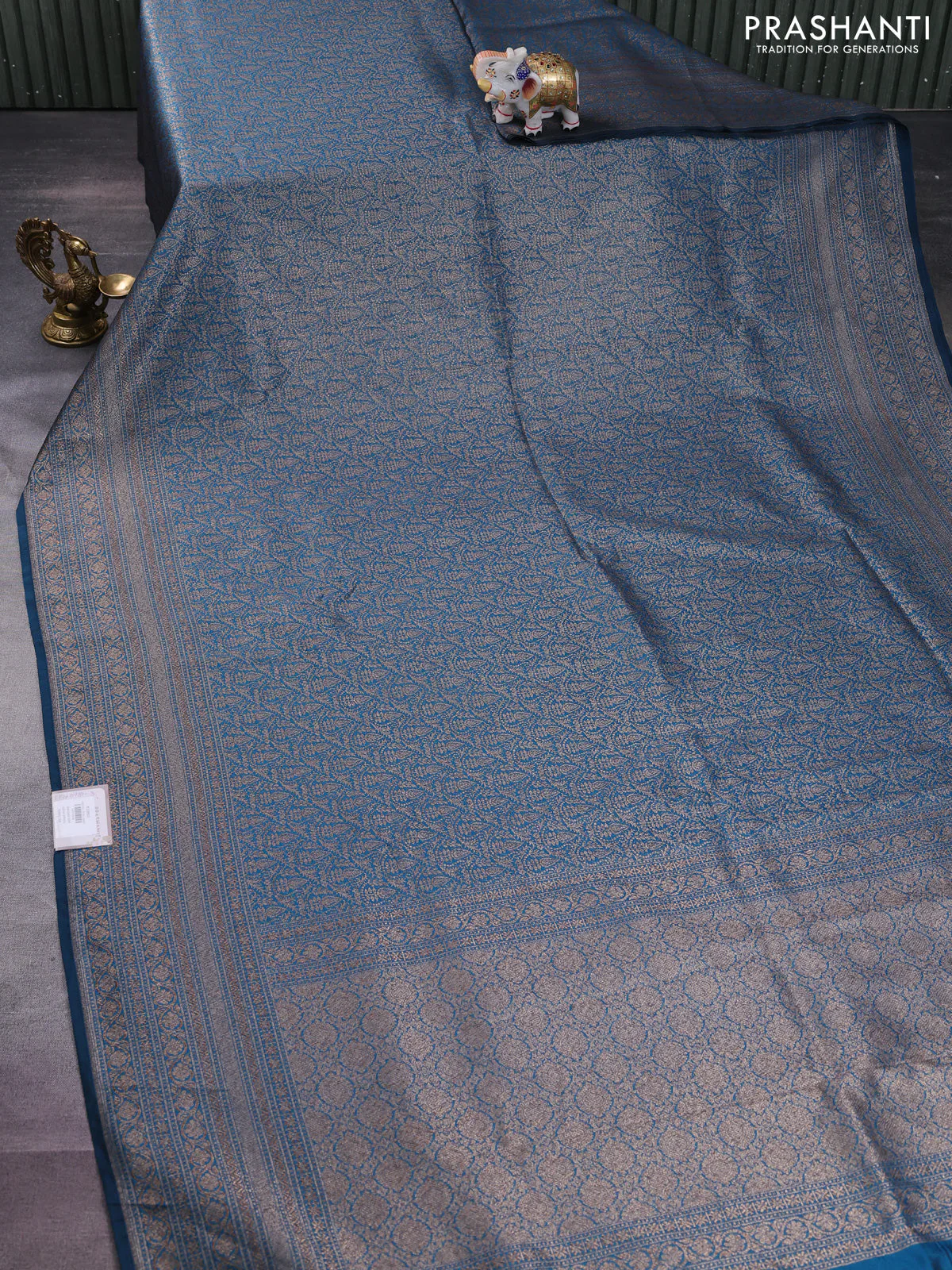 Banarasi semi silk saree cs blue with allover thread & zari woven butta weaves and woven border - Image 2