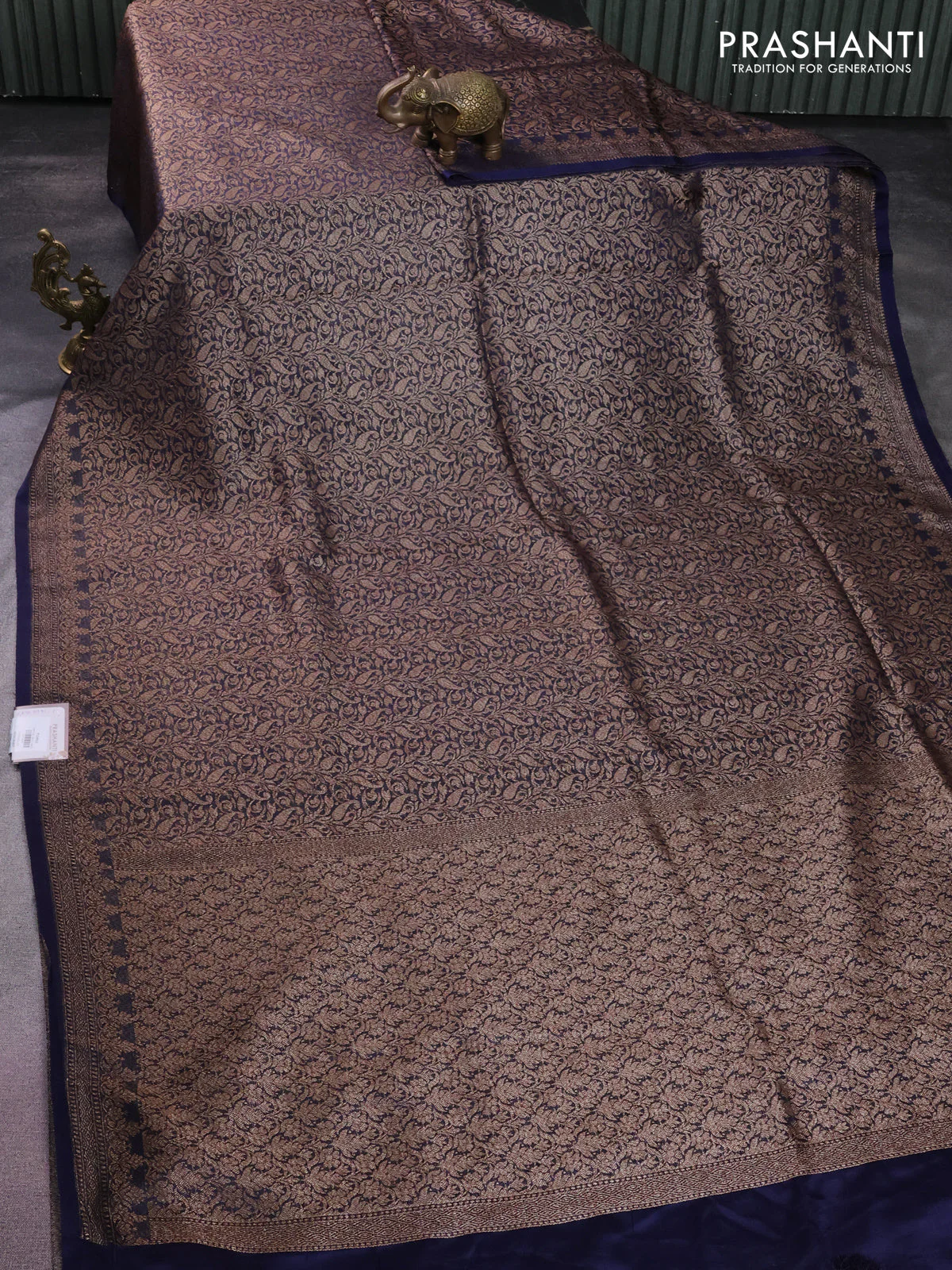 Banarasi semi silk saree dark blue with allover thread & zari weaves and woven border - Image 2