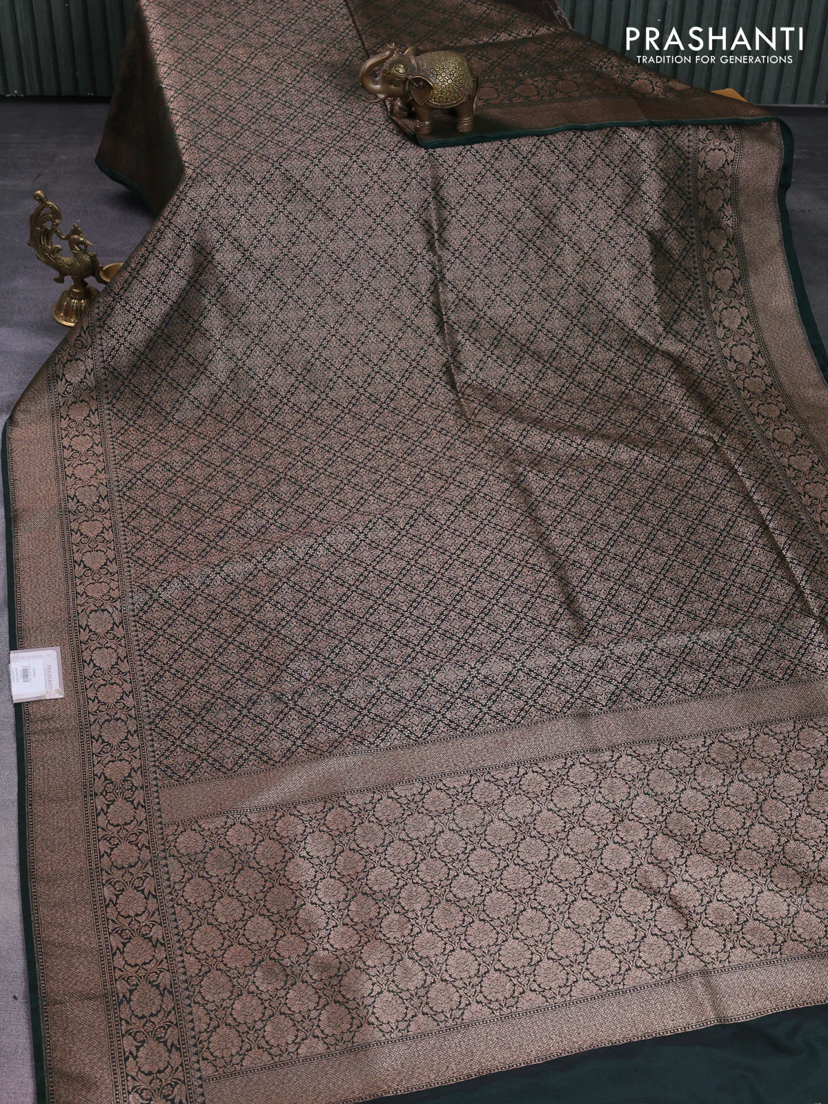 Banarasi semi silk saree dark green with allover thread & zari weaves and woven border - Image 2