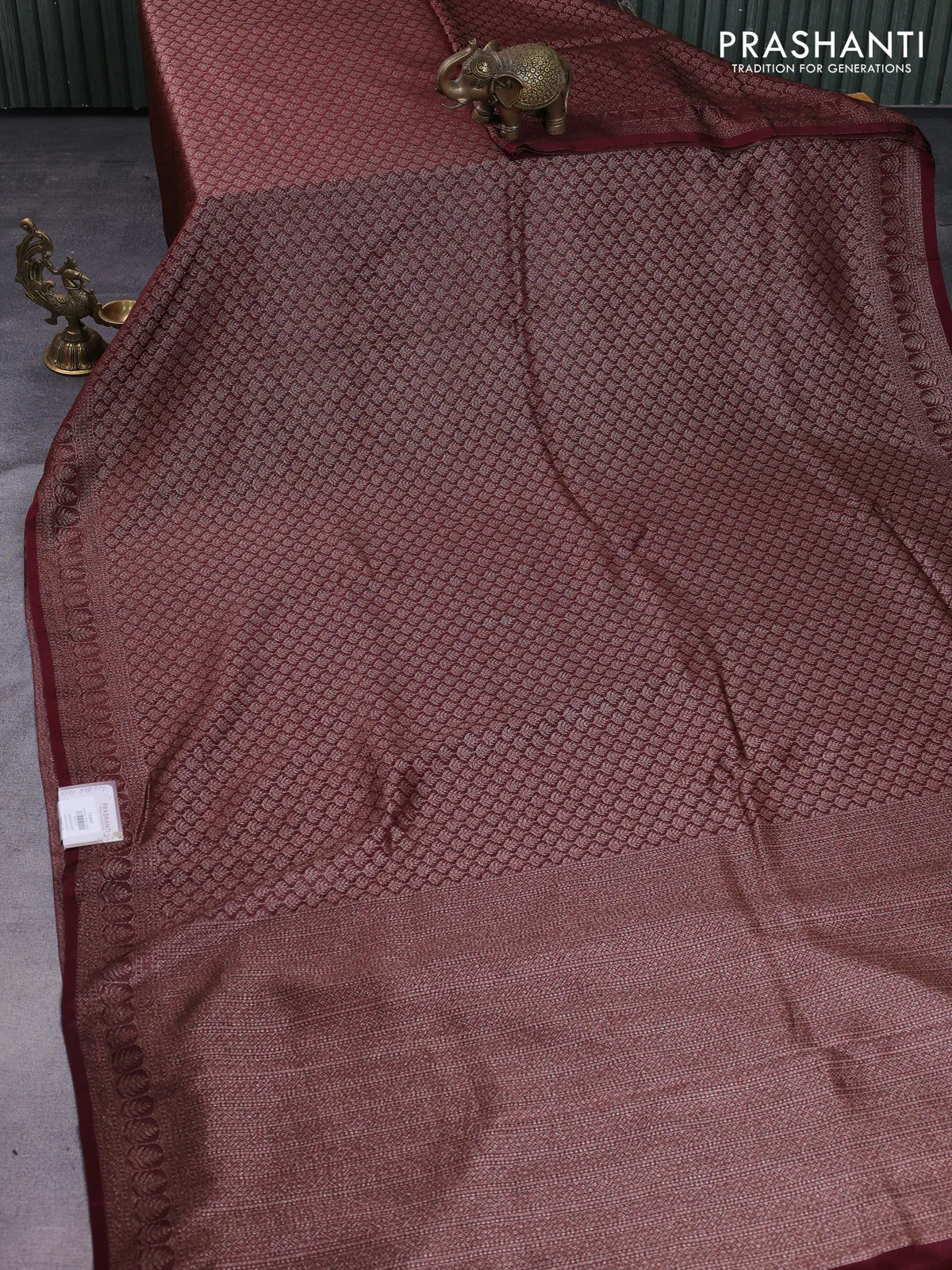 Banarasi semi silk saree deep maroon with allover thread & zari weaves and woven border - Image 2