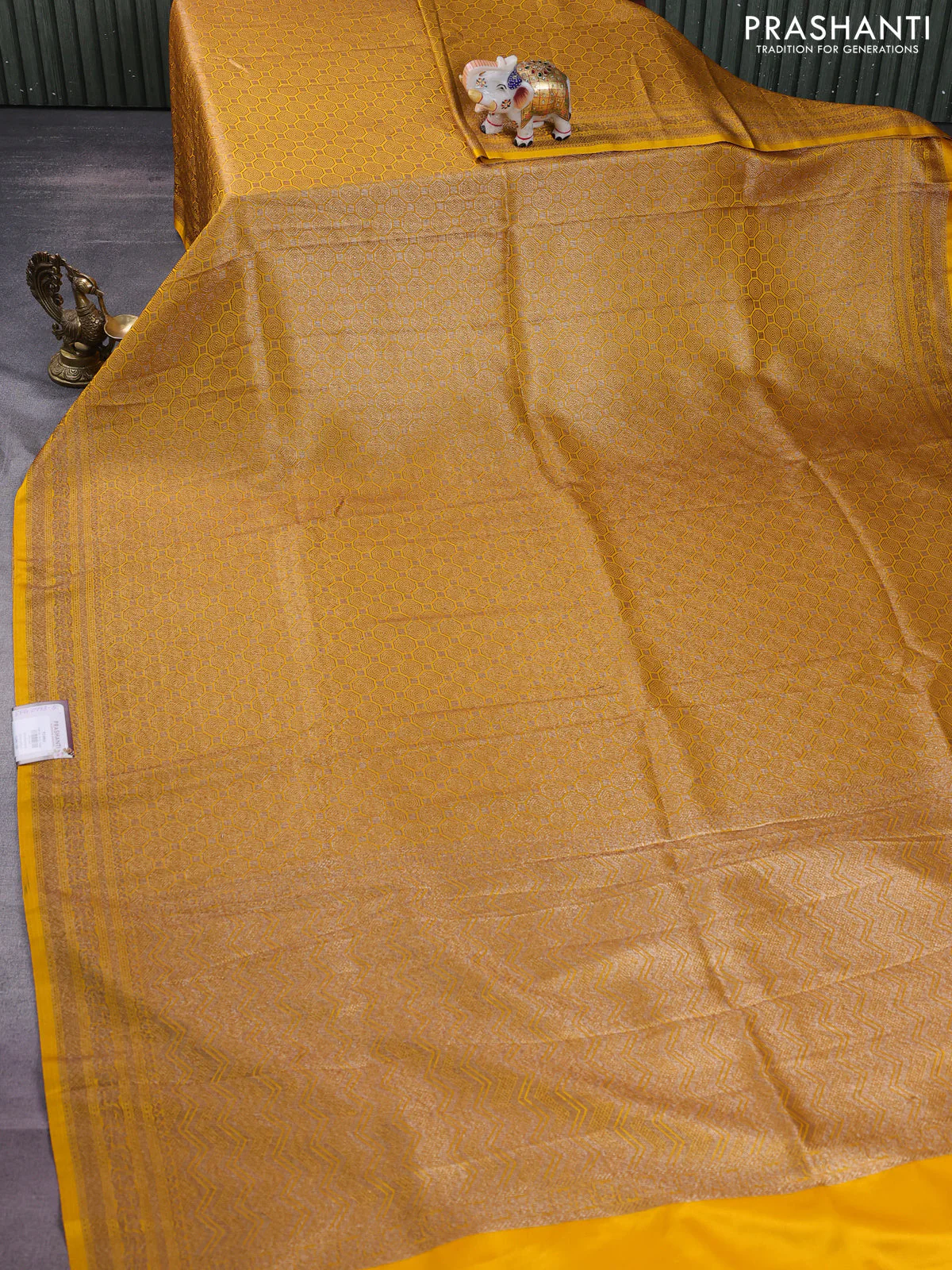 Banarasi semi silk saree mustard yellow with allover thread & zari weaves and woven border - Image 2