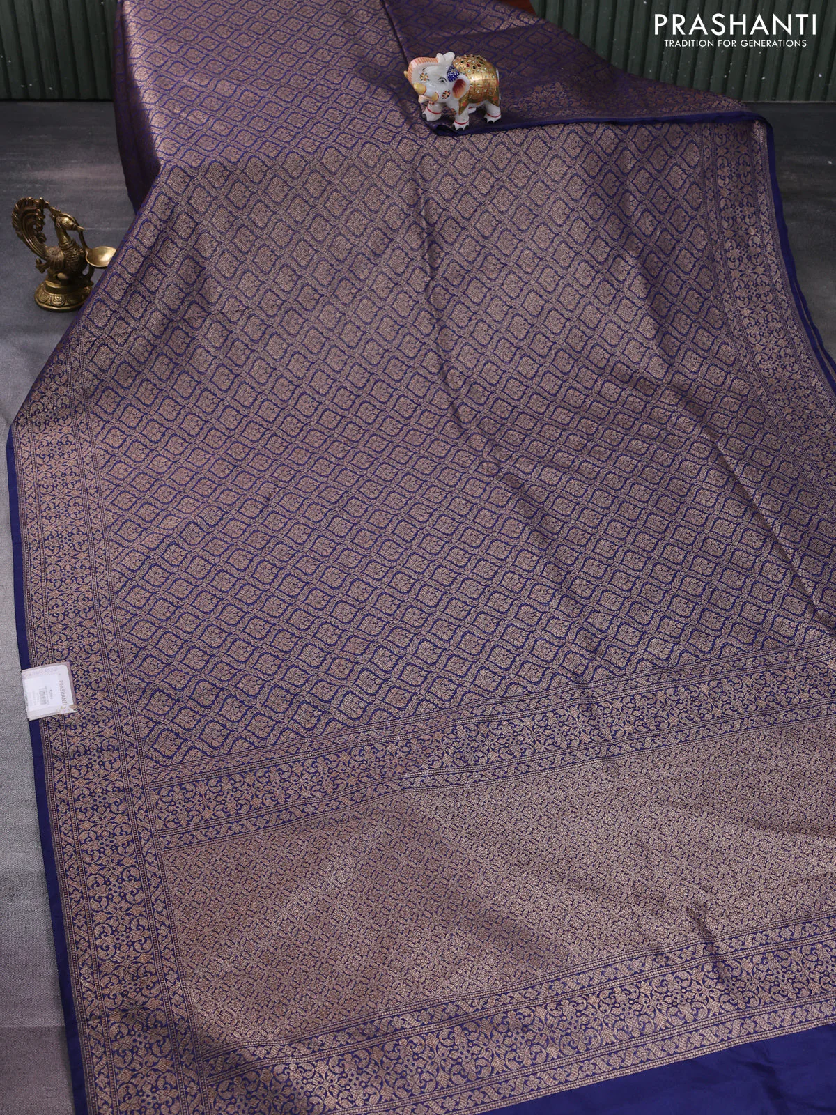 Banarasi semi silk saree navy blue with allover thread & zari weaves and woven border - Image 2