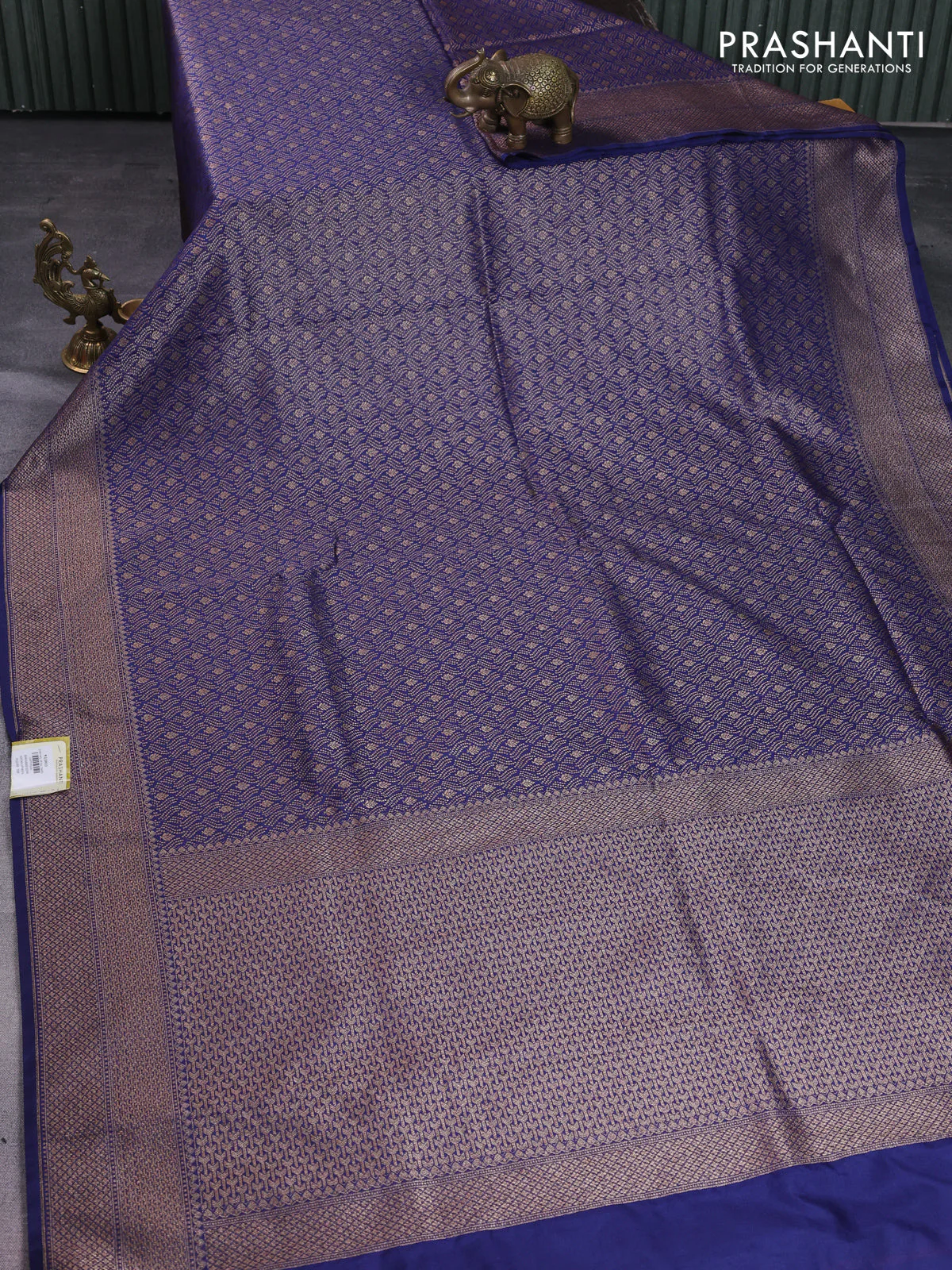 Banarasi semi silk saree navy blue with allover thread & zari weaves and woven border - Image 2