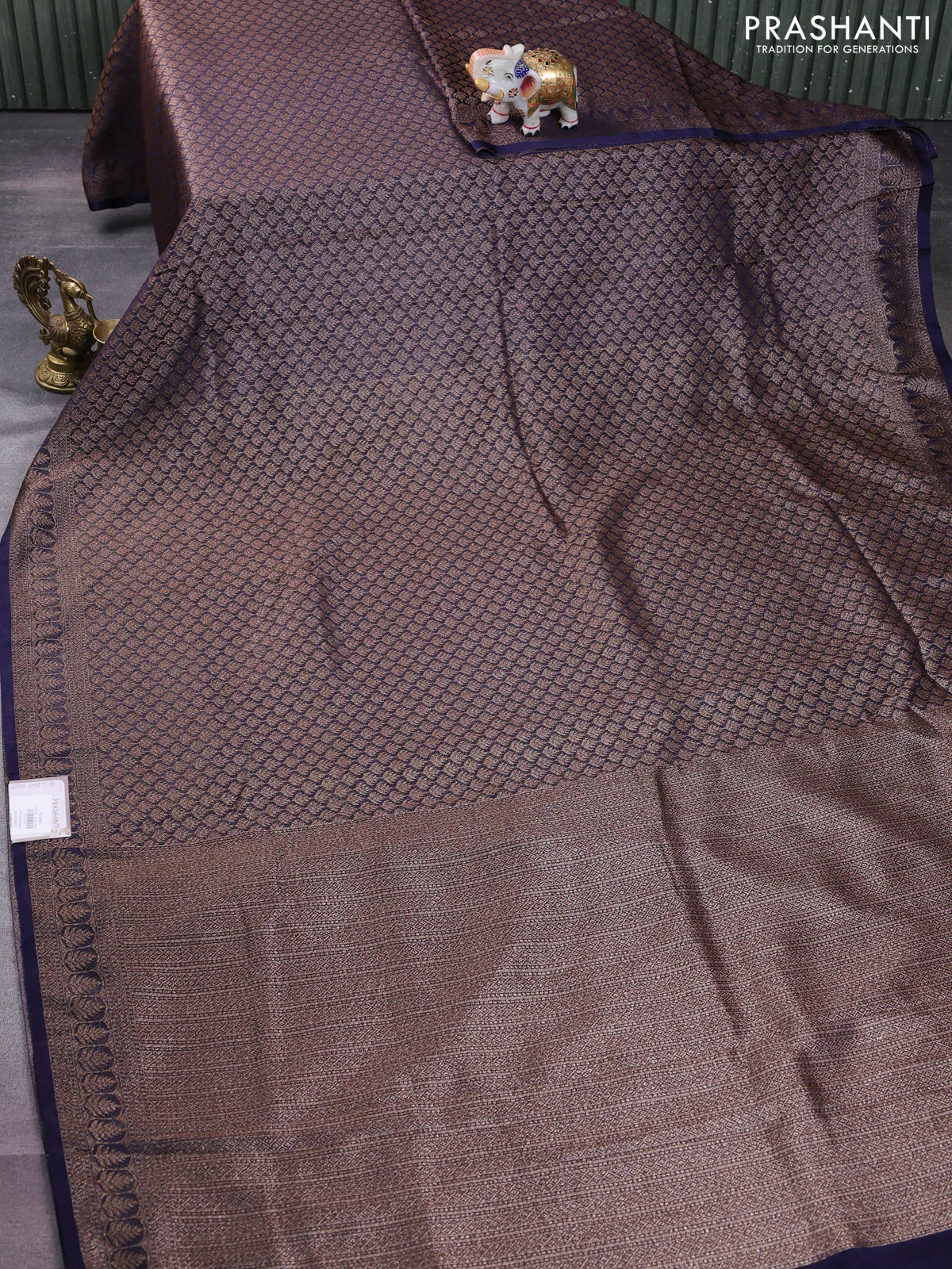 Banarasi semi silk saree navy blue with allover thread & zari weaves and woven border - Image 2
