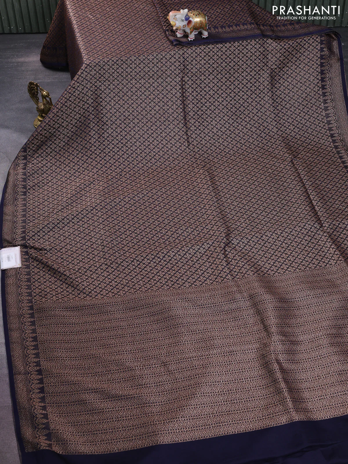Banarasi semi silk saree navy blue with allover thread & zari weaves and woven border - Image 2