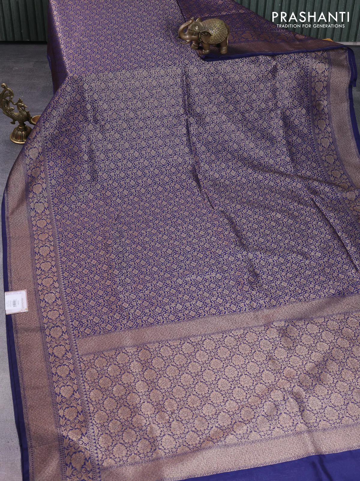Banarasi semi silk saree navy blue with allover thread & zari weaves and woven border - Image 2