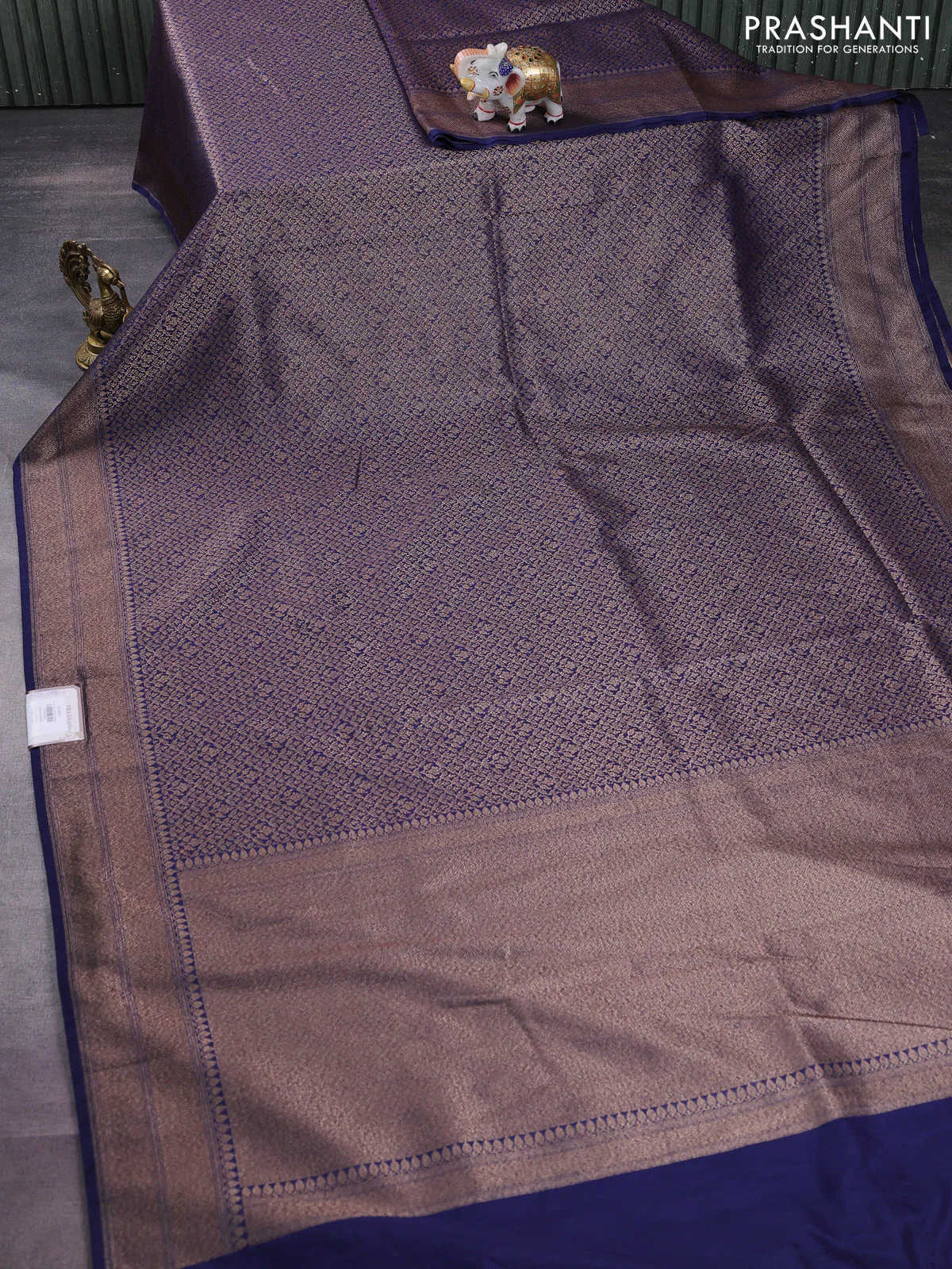 Banarasi semi silk saree navy blue with allover thread & zari weaves and woven border - Image 2