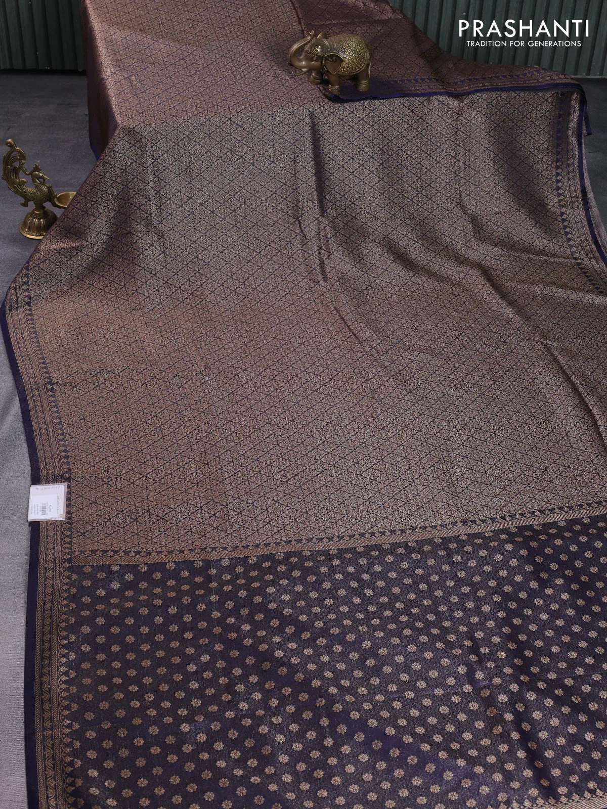 Banarasi semi silk saree navy blue with allover thread & zari weaves and woven border - Image 2
