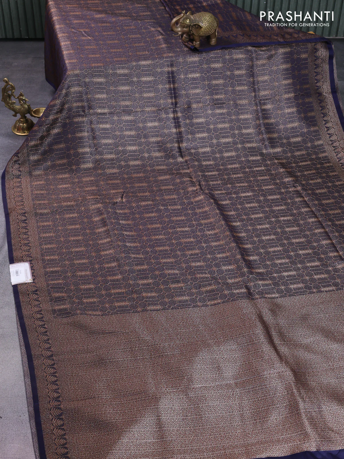 Banarasi semi silk saree navy blue with allover thread & zari weaves and woven border - Image 2