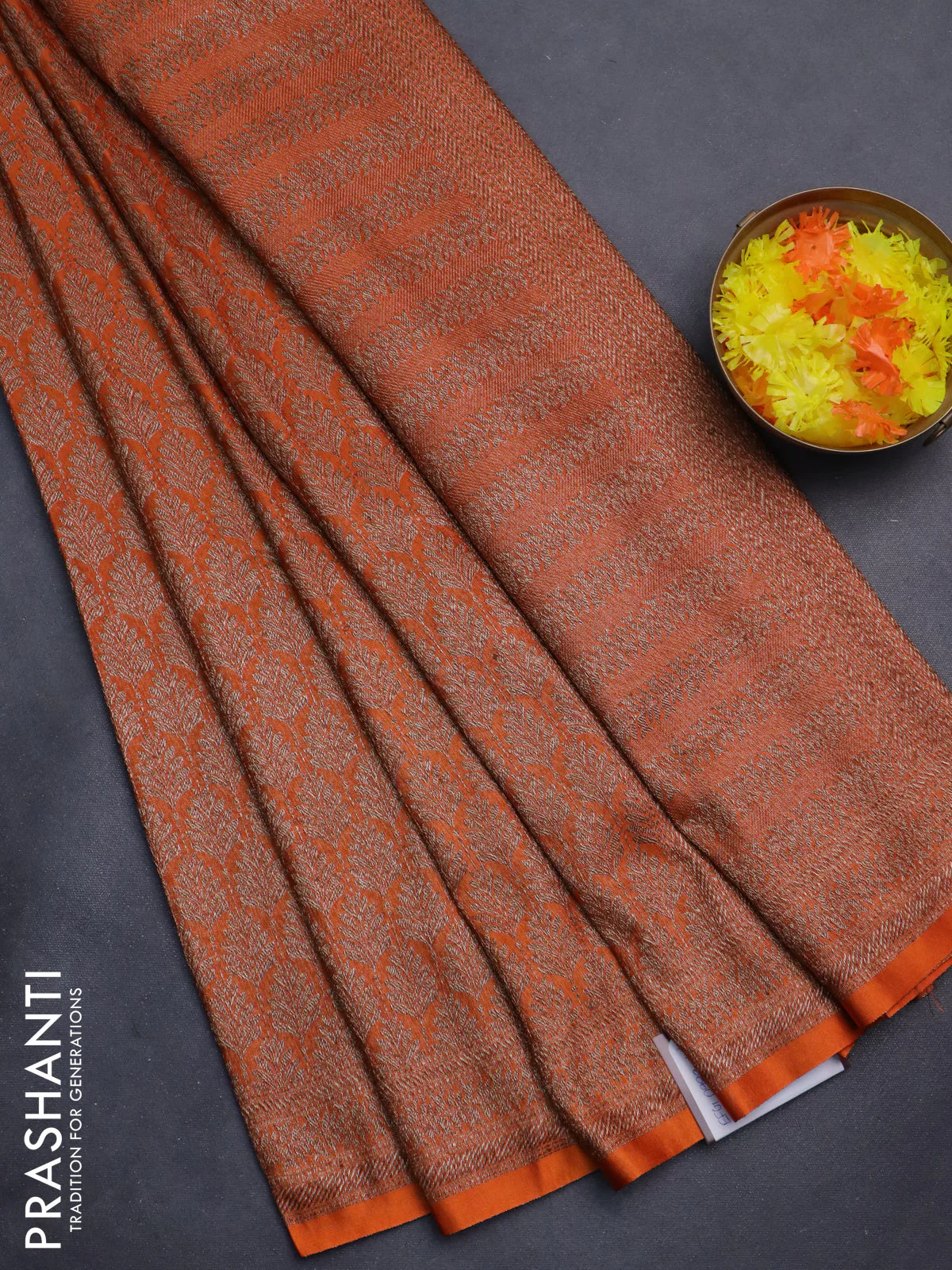 Banarasi semi silk saree orange with allover thread & zari weaves and woven border