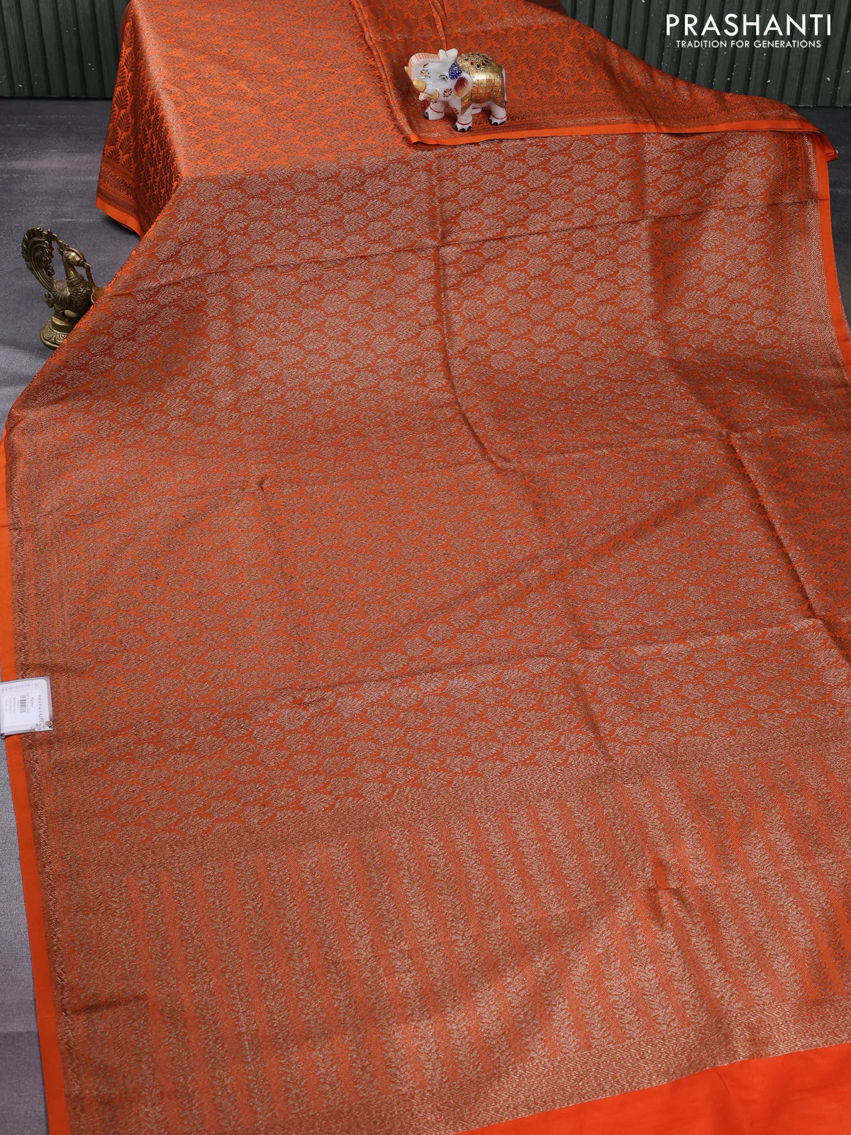 Banarasi semi silk saree orange with allover thread & zari weaves and woven border - Image 2