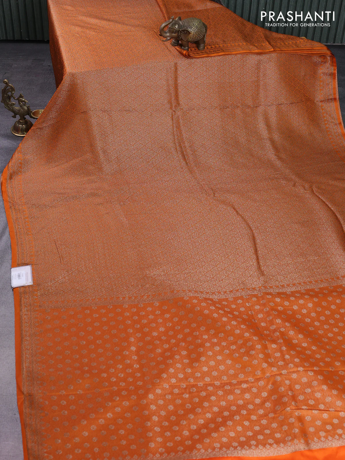 Banarasi semi silk saree orange with allover thread & zari weaves and woven border - Image 2
