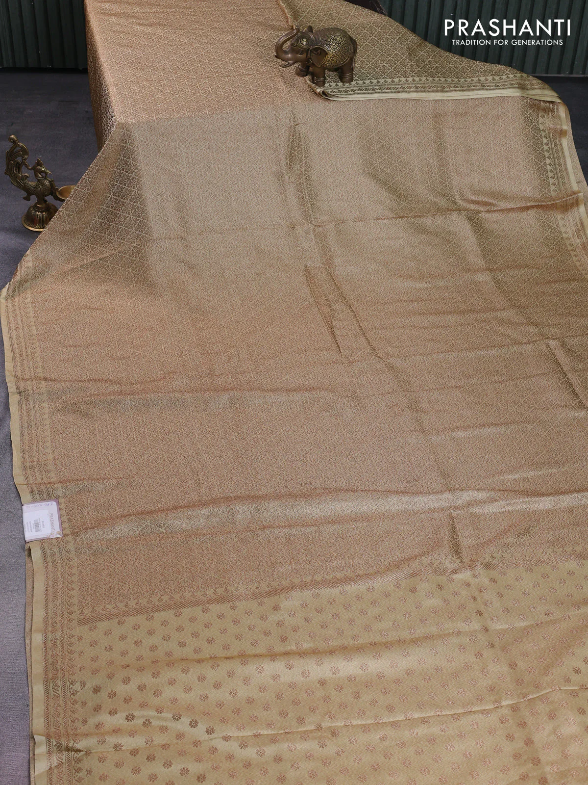 Banarasi semi silk saree pale yellow with allover thread & zari weaves and woven border - Image 2