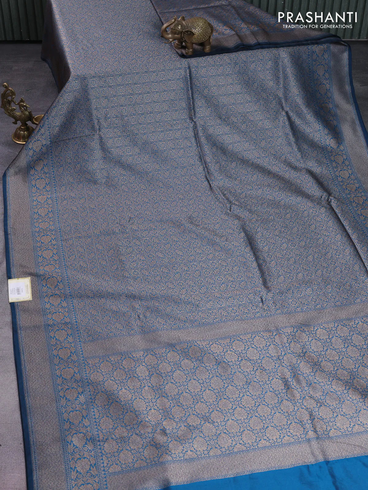 Banarasi semi silk saree peacock blue with allover thread & zari weaves and woven border - Image 2