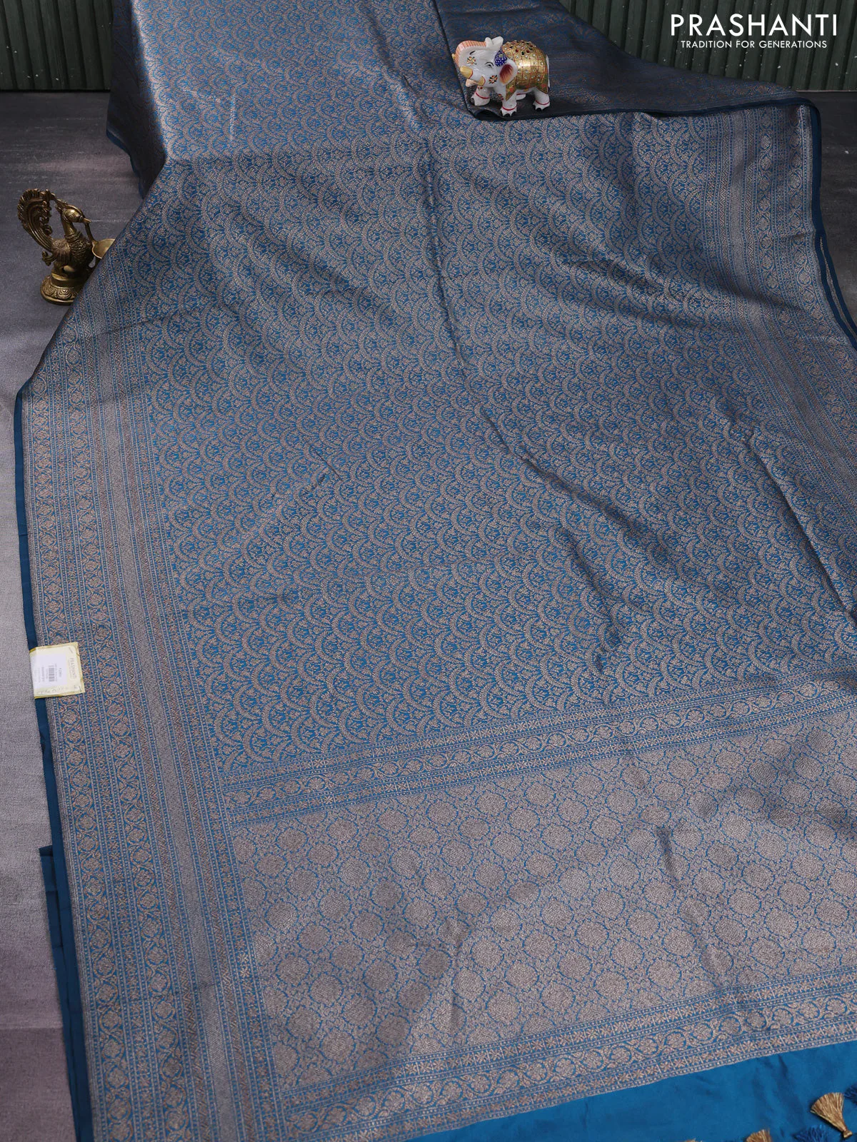 Banarasi semi silk saree peacock blue with allover thread & zari weaves and woven border - Image 2