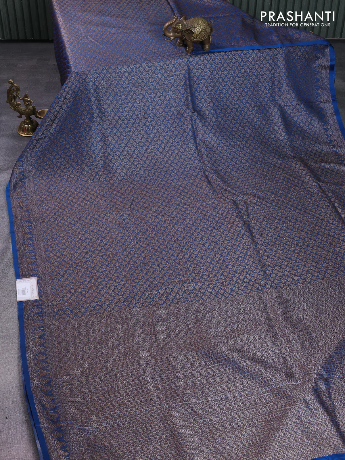 Banarasi semi silk saree peacock blue with allover thread & zari weaves and woven border - Image 2