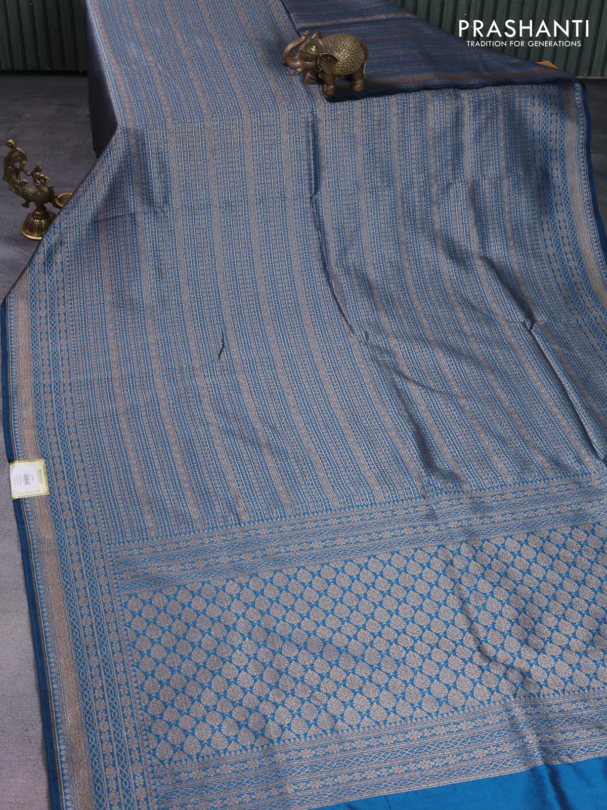 Banarasi semi silk saree peacock blue with allover thread & zari weaves and woven border - Image 2