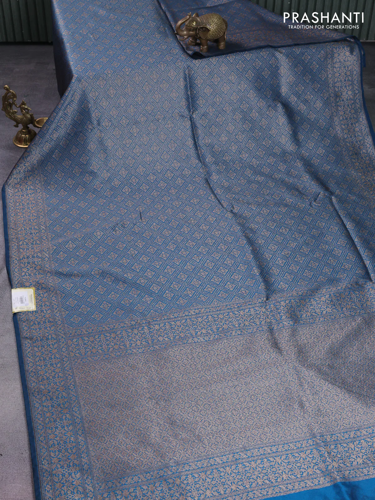 Banarasi semi silk saree peacock blue with allover thread & zari weaves and woven border - Image 2