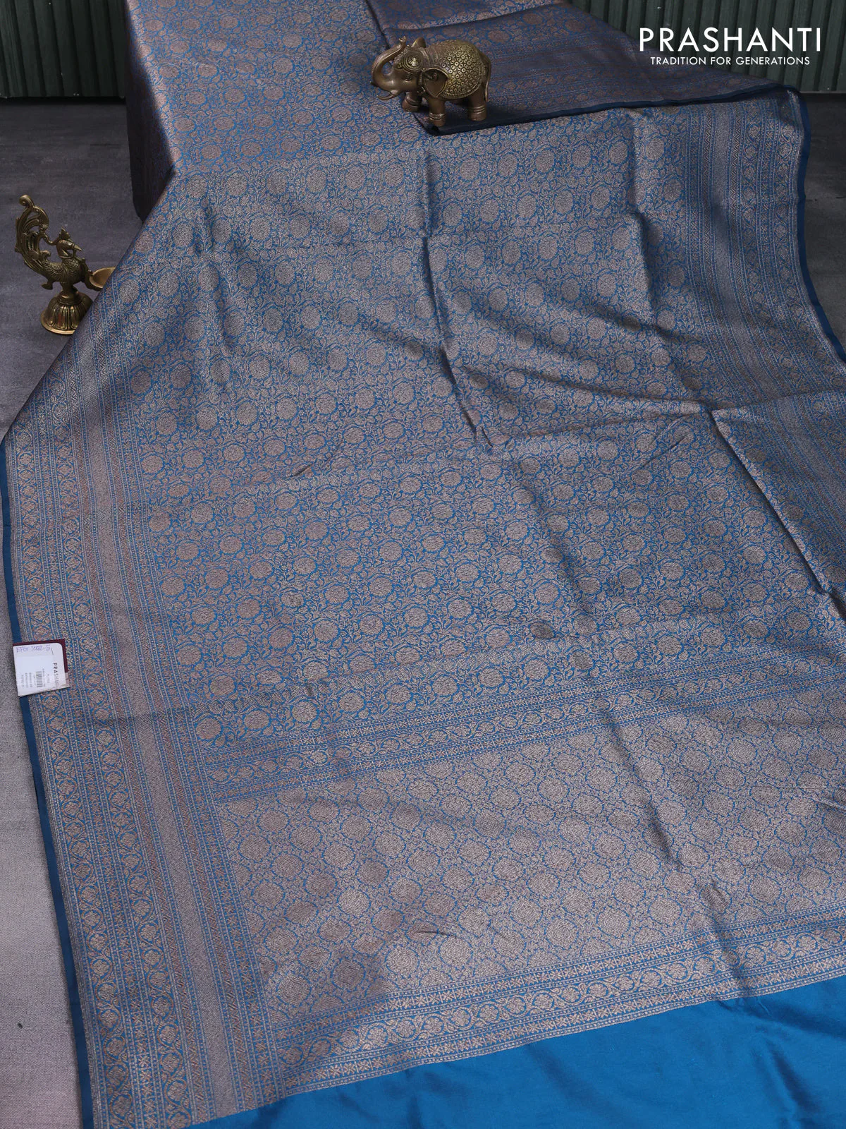 Banarasi semi silk saree peacock blue with allover thread & zari weaves and woven border - Image 2