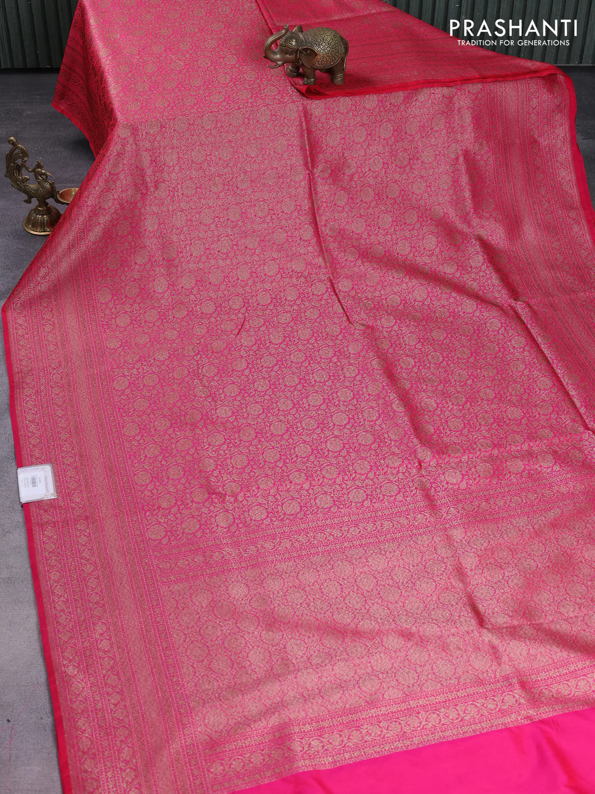Banarasi semi silk saree pink with allover thread & zari weaves and woven border - Image 2