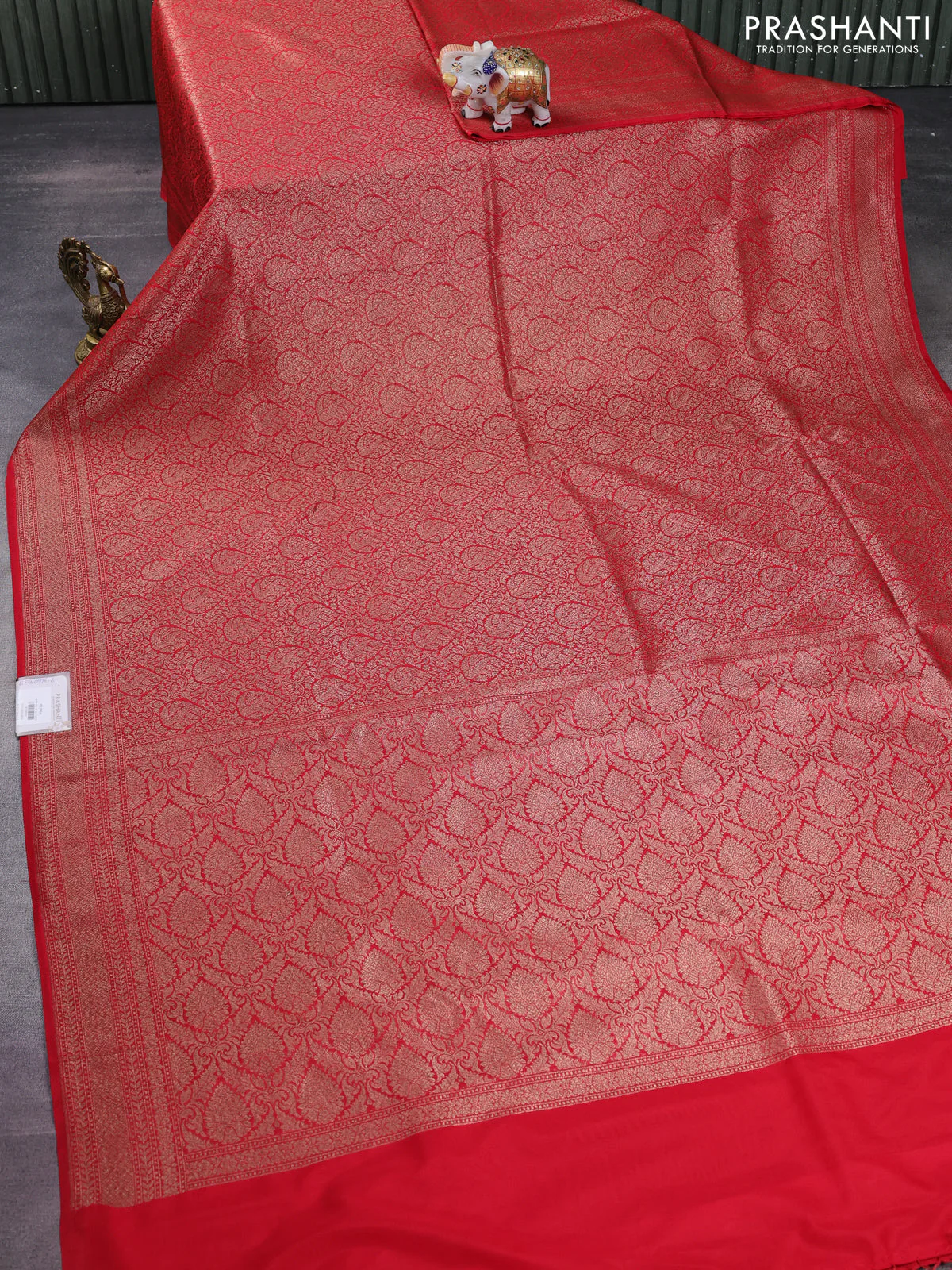 Banarasi semi silk saree red with allover thread & zari weaves and woven border - Image 2