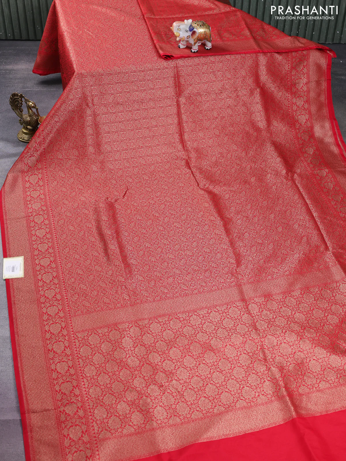 Banarasi semi silk saree red with allover thread & zari weaves and woven border - Image 2