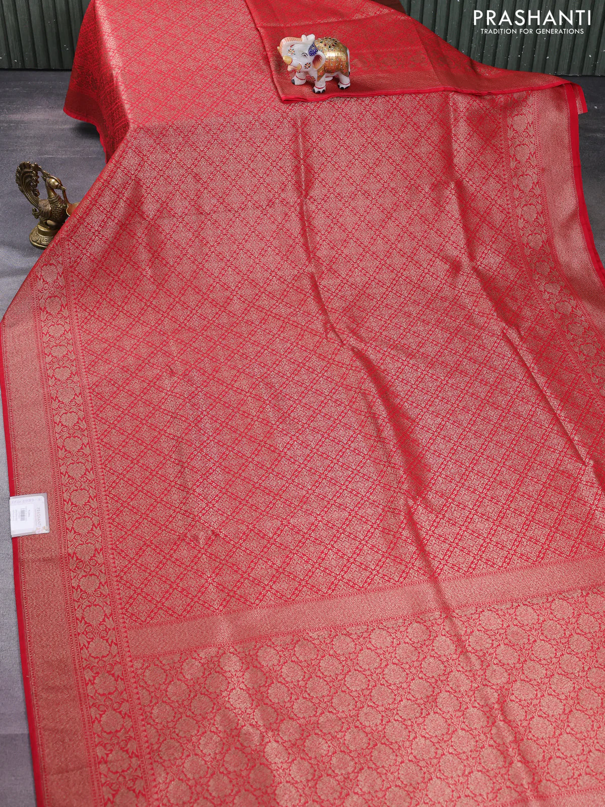 Banarasi semi silk saree red with allover thread & zari weaves and woven border - Image 2