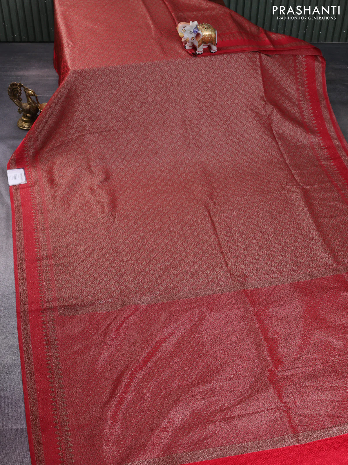 Banarasi semi silk saree red with allover thread & zari weaves and woven border - Image 2