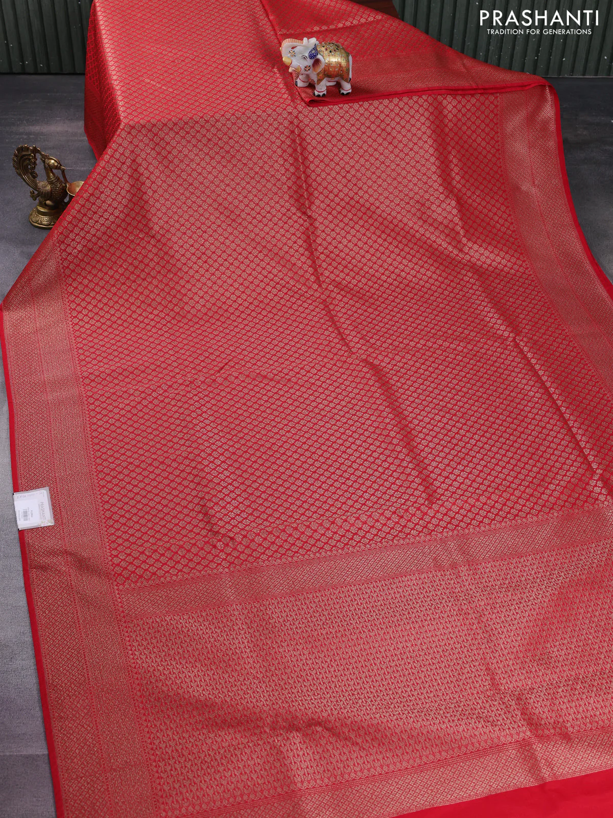 Banarasi semi silk saree red with allover thread & zari weaves and woven border - Image 2