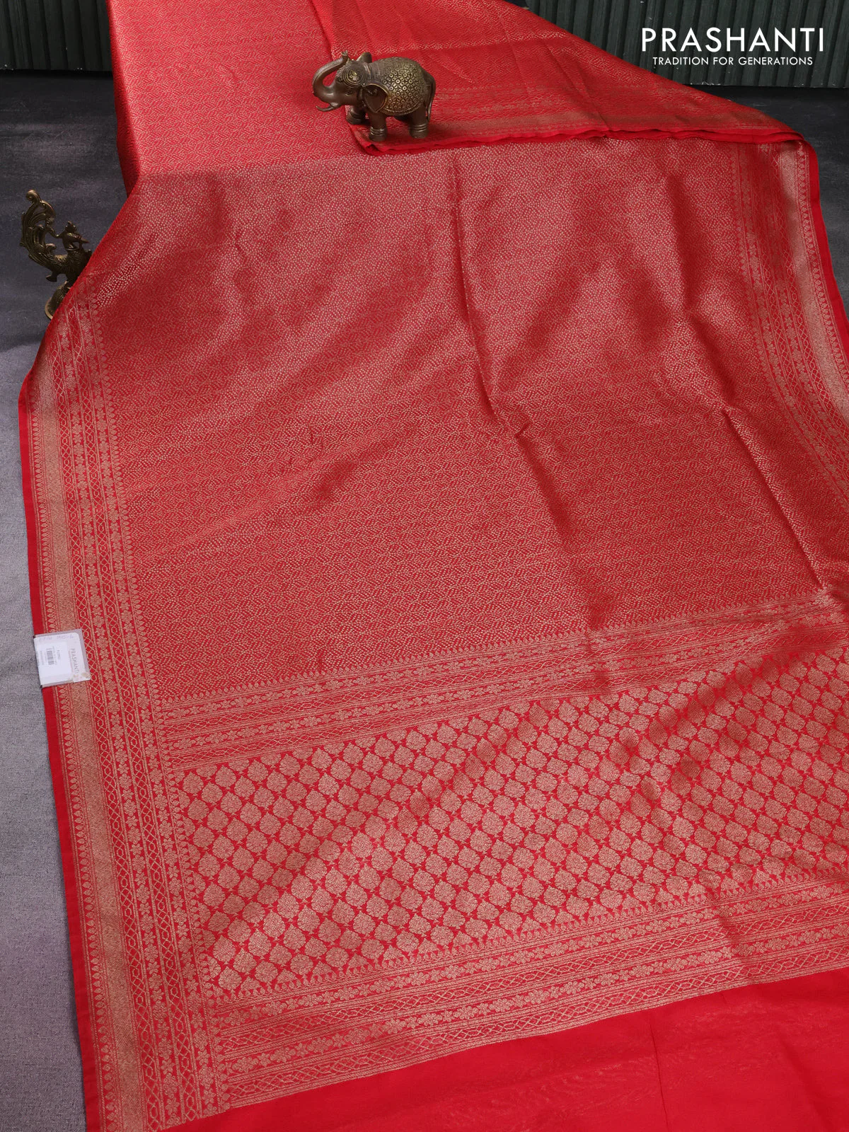 Banarasi semi silk saree red with allover thread & zari weaves and woven border - Image 2